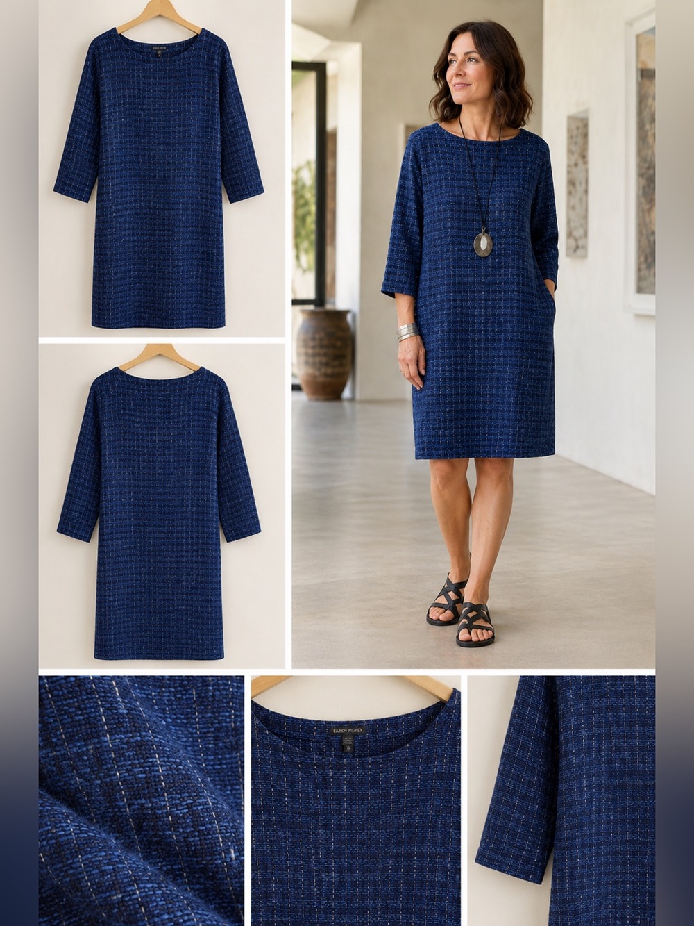 Eileen Fisher Organic Cotton Shizuku Jacquard Shift Dress M Lagenlook Coastal